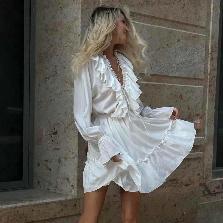 Fashion V Neck Pleated Ruffle Long Sleeve Dress - Bellarte Enchanté Fashion V Neck Pleated Ruffle Long Sleeve Dress